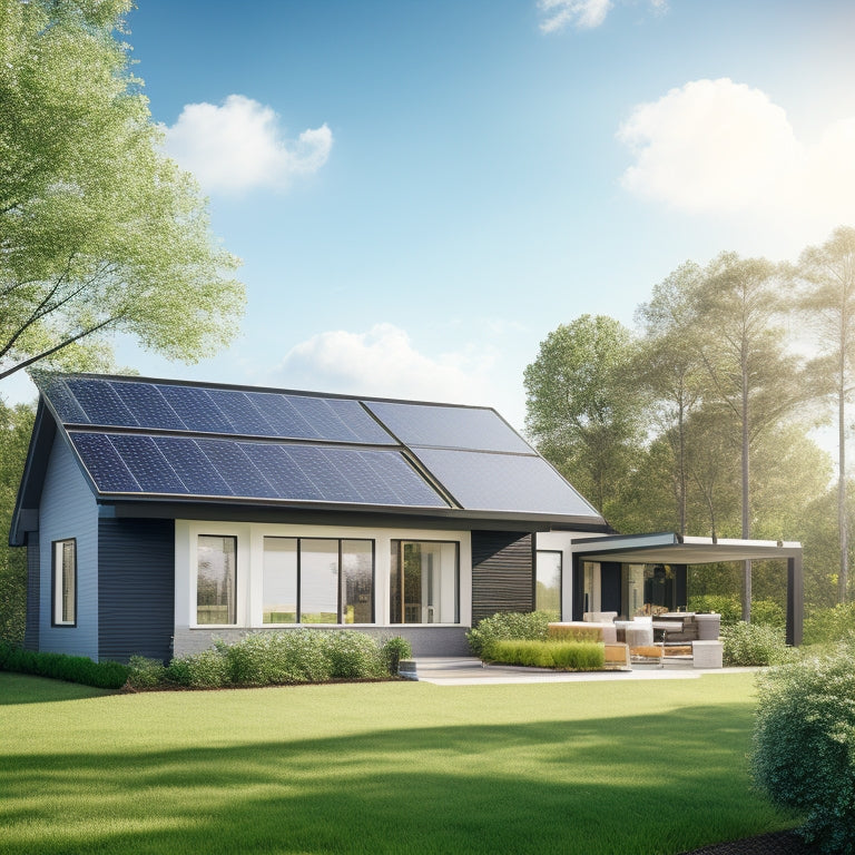 A serene suburban home with a sloping roof, covered in sleek black solar panels, amidst lush green trees and a bright blue sky with a few puffy white clouds.