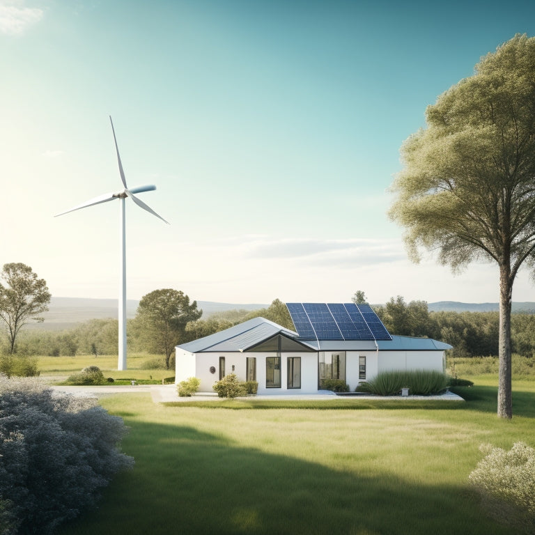 A serene landscape featuring a modern off-grid home with sleek solar panels on the roof, surrounded by lush greenery, a wind turbine nearby, and a clear blue sky dotted with fluffy white clouds.