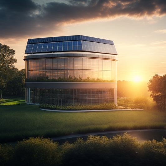 A futuristic, modern office building at sunset, with bright LED lights and solar panels on the roof, surrounded by lush greenery, and a subtle graph of decreasing energy costs in the background.