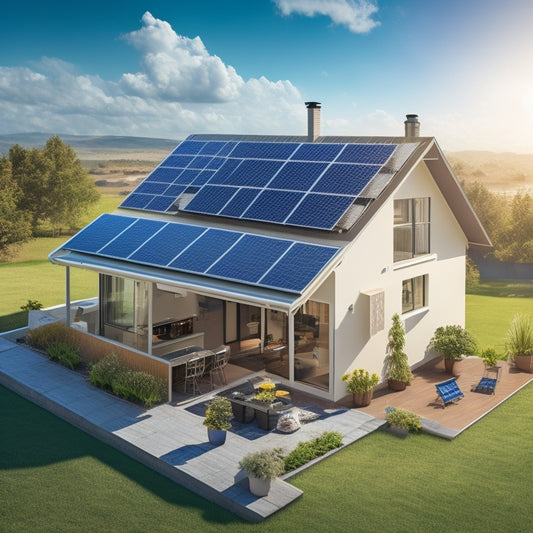 An illustration of a house with solar panels on the roof, surrounded by icons of varying sizes representing different cost factors, such as a small house for system size, a thermometer for climate, and a money bag for installation costs.