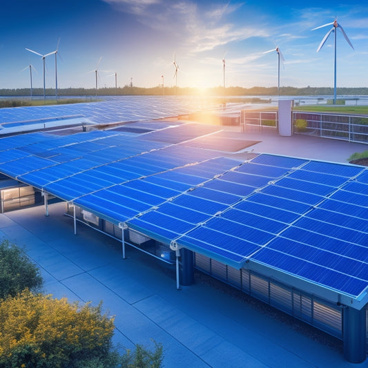 An illustration of a commercial building with solar panels on the roof, a battery bank in the background, and a flow of energy depicted by glowing blue lines connecting the panels to the batteries.