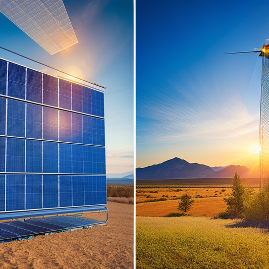 A split-screen image featuring a serene, sun-kissed landscape with installed solar panels on the left, and a detailed, 3D illustration of a single solar panel's inner mechanics on the right, with colorful wires and circuits.