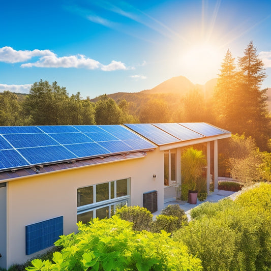 A vibrant solar panel array on a sunny rooftop, with sleek battery storage units beside, surrounded by lush greenery and a clear blue sky, illustrating sustainable energy solutions in a modern eco-friendly home.