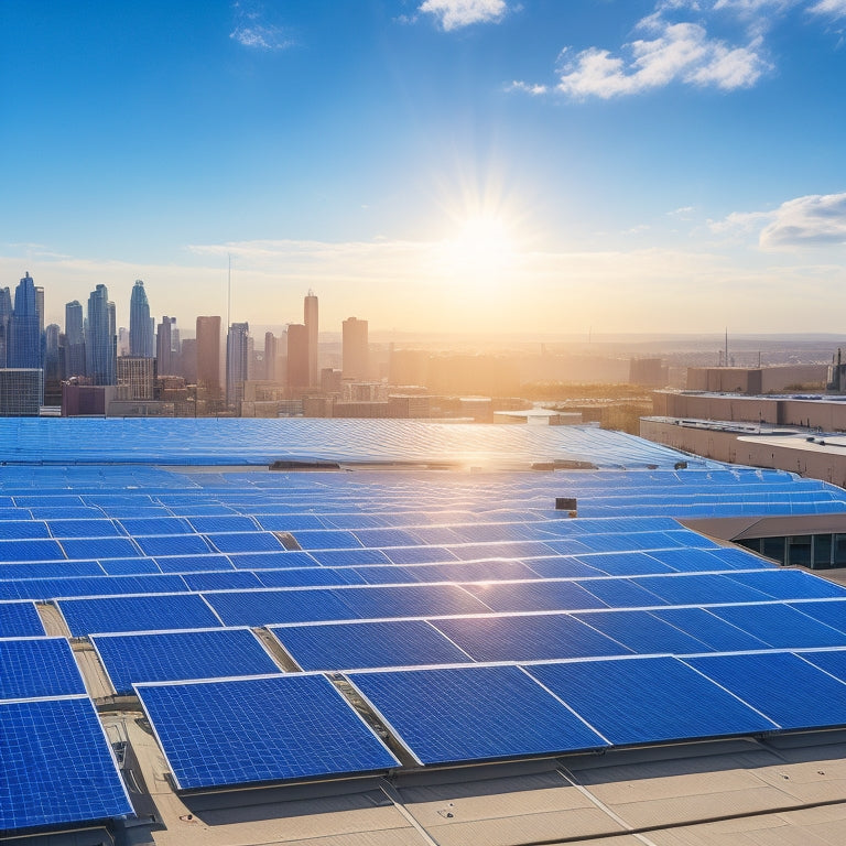 A rooftop view of sleek, high-efficiency solar panels glistening under bright sunlight on a modern commercial building, with a backdrop of a clear blue sky and a bustling cityscape in the distance.