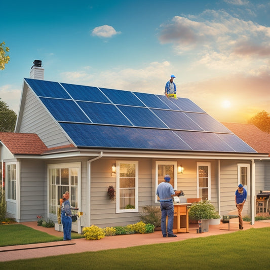 An illustration of a single-family home with solar panels being installed on the roof, with a worker in the foreground holding a panel, and another in the background climbing a ladder.