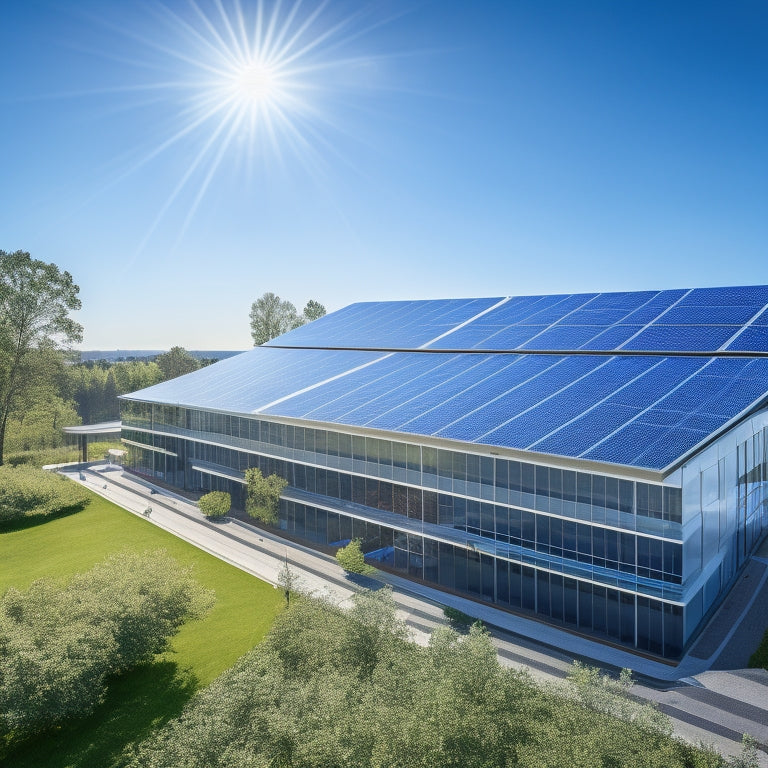 A modern, sleek office building with large windows, angular lines, and a rooftop covered in a grid of sleek, silver solar panels, surrounded by lush greenery and a bright blue sky.