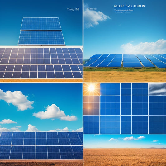 An illustration featuring a split-screen comparison of 5 distinct solar panel types, showcasing varying panel sizes, cell arrangements, and mounting systems, set against a bright blue sky with fluffy white clouds.