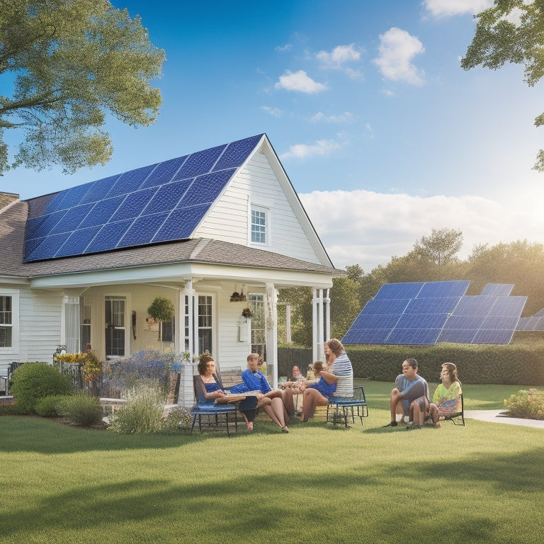 A serene suburban scene featuring solar panels on rooftops, a wind turbine in a backyard, lush greenery, and a family happily enjoying a picnic, all under a bright blue sky with fluffy white clouds.