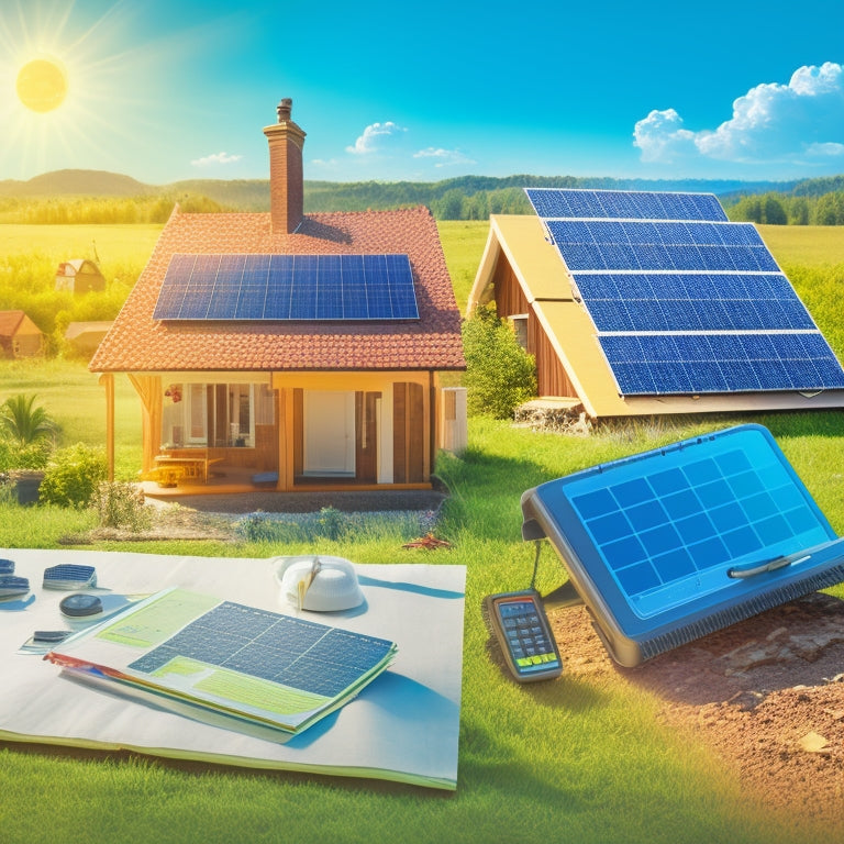 A split-screen illustration: a sunny landscape with solar panels on the left, and a clipboard with a calculator and scattered papers on the right, surrounded by tiny icons of houses, money bags, and gears.