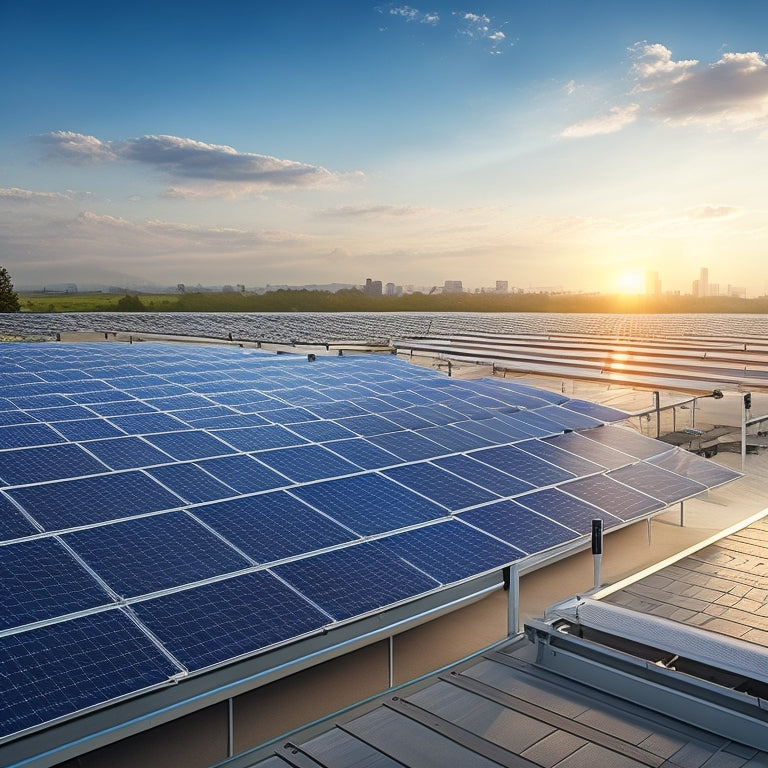 A photorealistic image of a commercial rooftop with multiple rows of solar panels mounted on a sturdy, anodized aluminum racking system with adjustable clamps and durable, weather-resistant components.