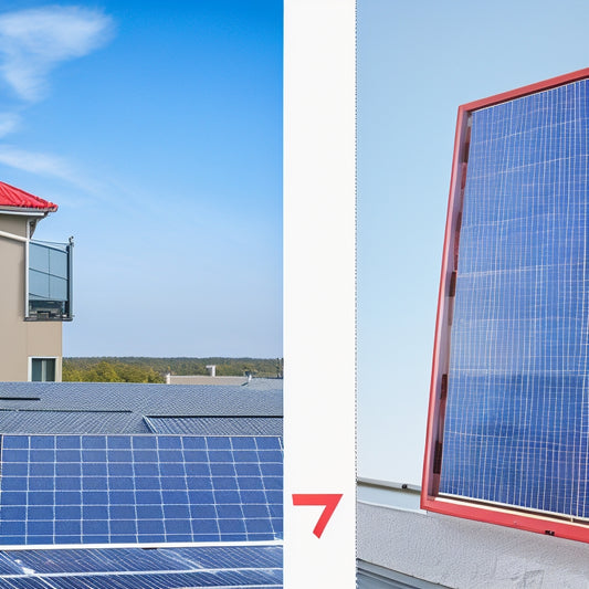 A split-screen image: a sunny rooftop with solar panels on the left, and a downward-trending graph with a red arrow pointing to a small, decreasing price tag on the right.