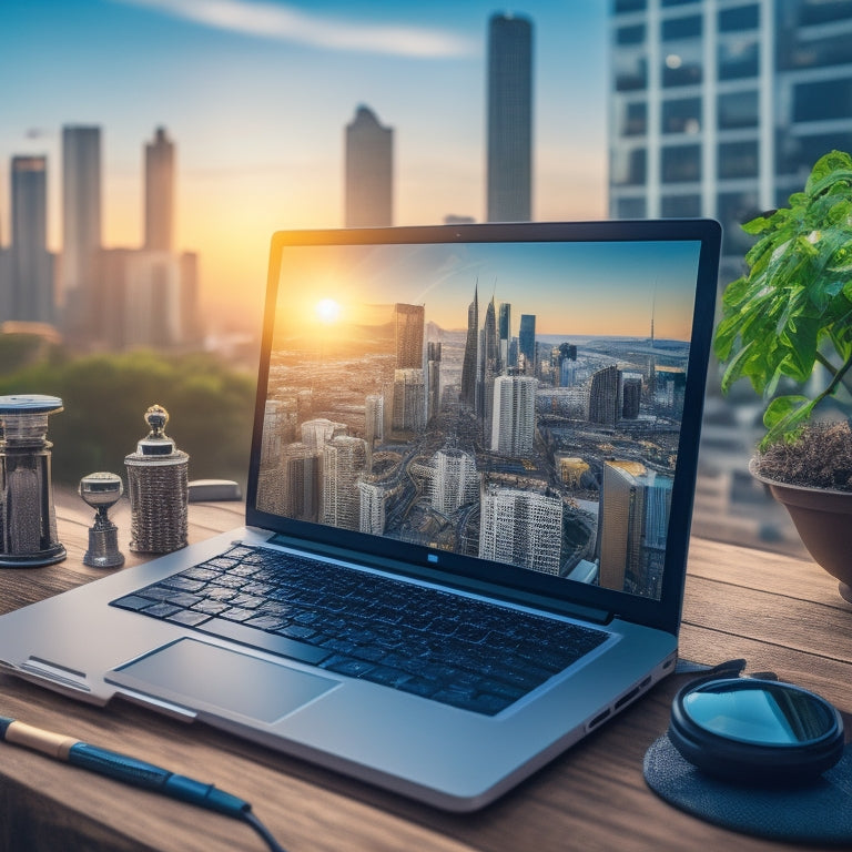 A stylized illustration featuring a laptop on a desk surrounded by miniature solar panels, a magnifying glass examining a panel, and a subtle cityscape or home in the background.