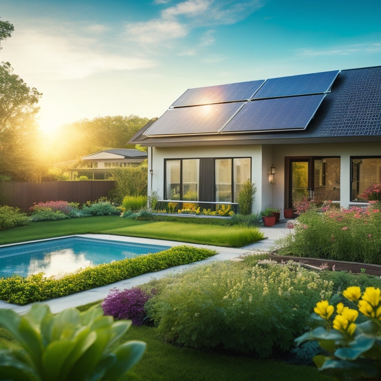 A sunlit suburban landscape featuring a modern home with sleek solar panels on the roof, surrounded by lush greenery, vibrant flowers, and a small vegetable garden, showcasing eco-friendly living and sustainability.