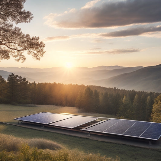 A serene landscape featuring a modern, sleek solar panel array on a rooftop, with a subtle sunburst in the background, surrounded by rolling hills and a few trees.