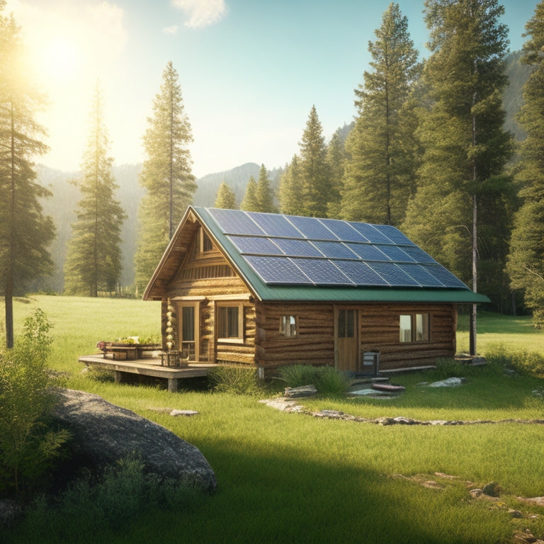 A serene off-grid landscape featuring a rustic cabin surrounded by lush greenery, with solar panels on the roof, sunlight glinting off the panels, and a clear blue sky overhead.