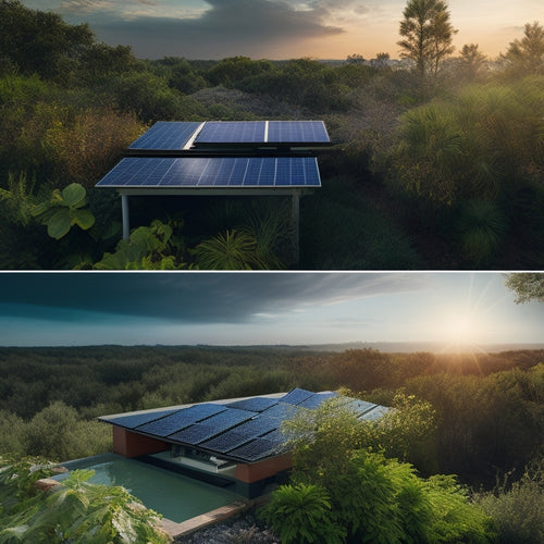 A split-screen image featuring a darkened, cluttered rooftop with outdated solar panels amidst broken tiles and overgrown vegetation, contrasted with a sleek, modern rooftop with streamlined, high-efficiency panels.