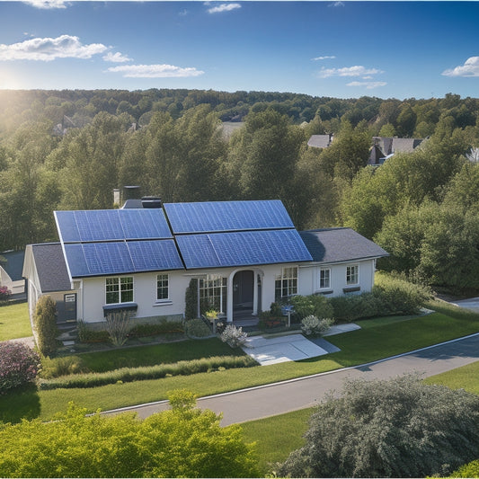 A serene suburban neighborhood with sleek, black solar panels installed on rooftops, amidst lush green trees and a bright blue sky with a few wispy clouds, conveying eco-friendliness and sustainability.