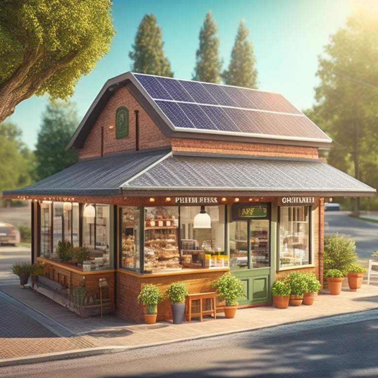 An illustration of a small business storefront, such as a bakery or cafe, with solar panels on the roof, surrounded by lush greenery, with a bright sunny sky in the background.