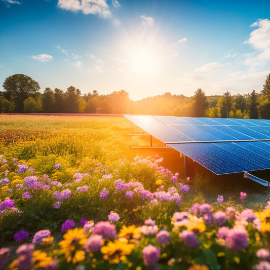A vibrant landscape featuring sleek solar panels glistening under the sun, surrounded by lush greenery and blooming flowers, with a clear blue sky above, symbolizing renewable energy's positive impact on the environment.