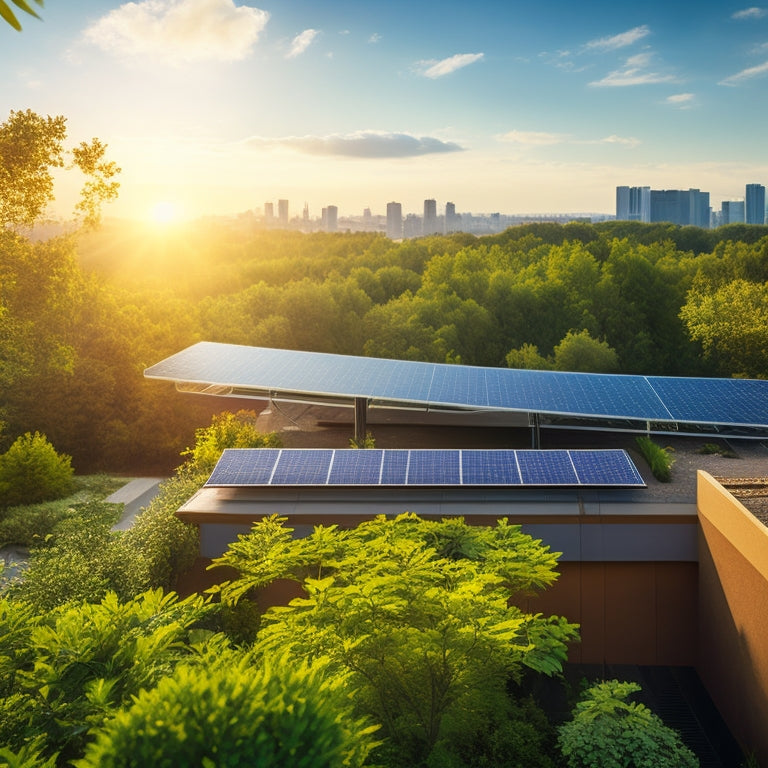 A sunny landscape with a solar panel installation on a modern rooftop, surrounded by lush greenery, with a subtle cityscape in the background, conveying growth and sustainability.