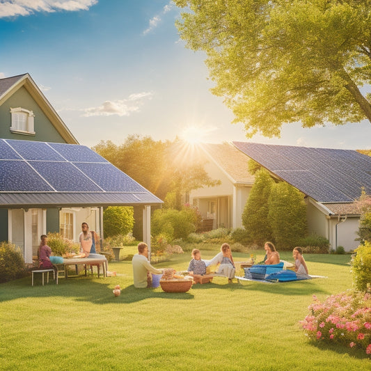 A sun-drenched landscape showcasing solar panels on rooftops, vibrant green gardens, and a family enjoying a picnic. Bright blue skies with fluffy clouds, emphasizing harmony between technology and nature in sustainable living.