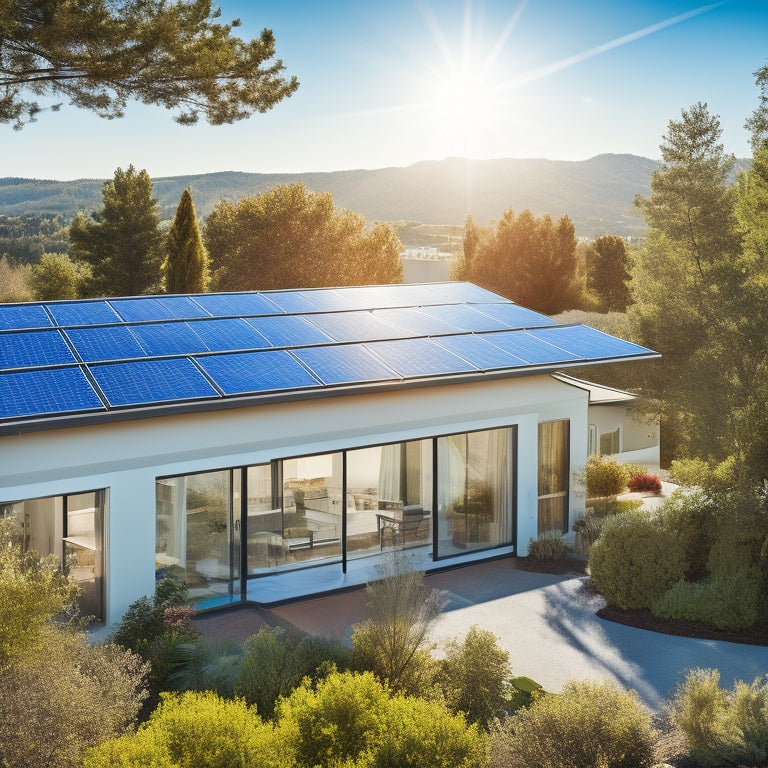 A bright, sunny rooftop adorned with sleek, affordable solar panels, surrounded by lush greenery, casting clear shadows. In the background, a modern house with energy-efficient windows, and a vibrant blue sky.