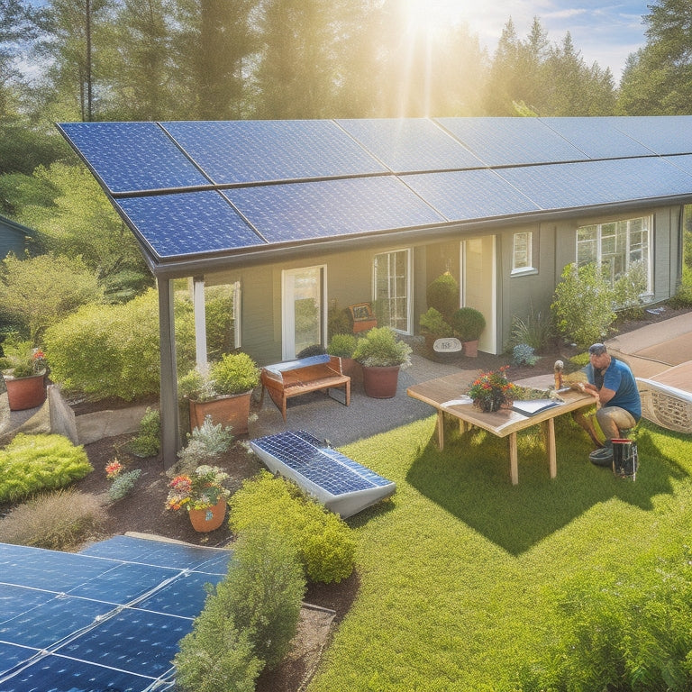 A sunlit backyard with solar panels installed on a sloped roof, tools scattered on the ground, a detailed schematic of solar power setup, and a person in work gloves examining the equipment, surrounded by greenery.