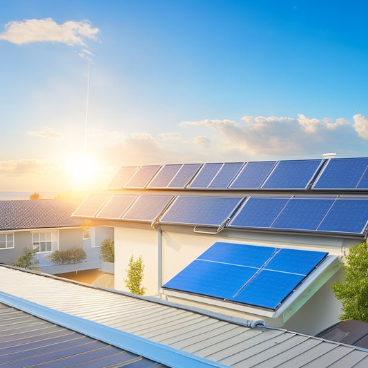 An illustration of a modern residential rooftop with a partially installed solar panel system, featuring a few panels already in place and others waiting to be installed, amidst a background of bright blue sky and fluffy white clouds.