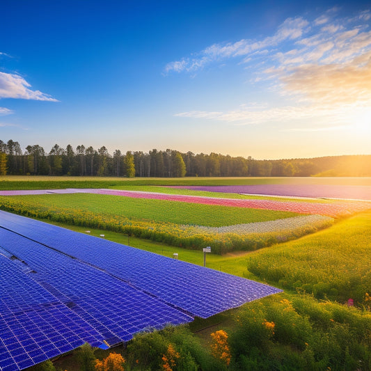 A vibrant landscape featuring a modern solar farm with gleaming panels reflecting sunlight, surrounded by lush greenery and wildflowers, under a clear blue sky, symbolizing harmony between technology and nature.