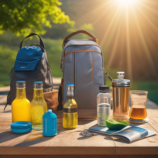 An illustration of a sun radiating light onto a group of eco-friendly products, including a solar-powered backpack, a portable solar panel, and a set of reusable stainless steel water bottles.