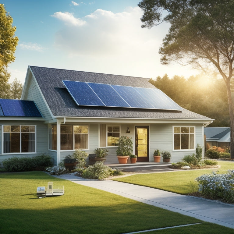 A serene suburban house with a mix of sunny and shaded areas, featuring a partially installed solar panel array on the roof, with measuring tapes and calculators nearby, surrounded by scattered blueprints.