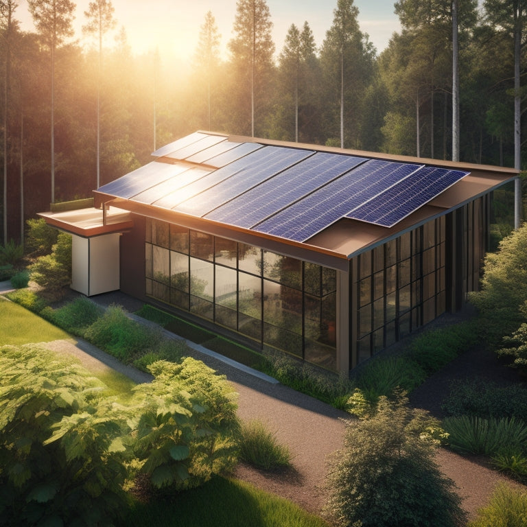 A modern green building with solar panels on the roof, surrounded by lush greenery, sunlight reflecting off the panels, showcasing energy-efficient design elements like large windows and sustainable materials.