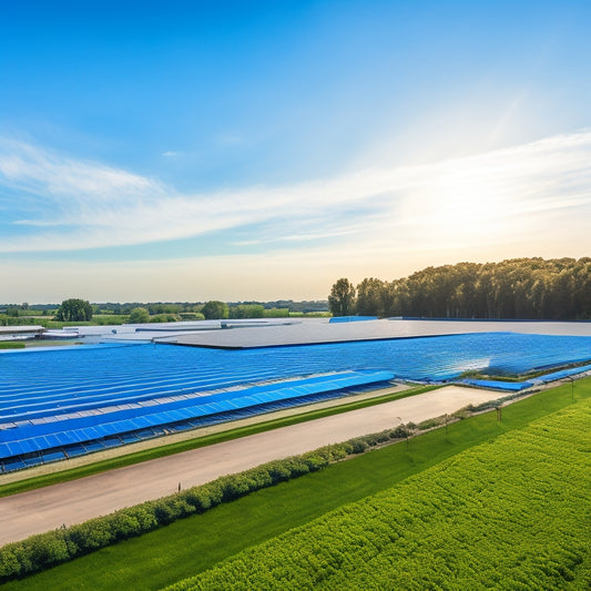 An aerial view of a sprawling industrial complex with rows of solar panels installed on rooftops, surrounded by lush greenery and a bright blue sky with few puffy white clouds.