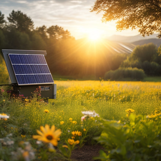 A serene landscape with solar panels glistening under the sun, a close-up of a modern solar inverter, surrounded by lush greenery and wildflowers, showcasing harmony between technology and nature in a sustainable future.