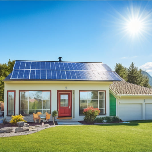 A bright, sunny day with a modern suburban house in the background, solar panels installed on the roof, and a red "sale" tag floating above the panels, surrounded by money-saving icons.