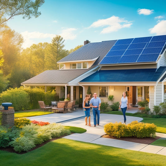 A serene suburban neighborhood with modern homes featuring solar panels on rooftops, a friendly solar provider discussing options with a family in a sunny backyard, surrounded by lush greenery and clear blue skies.