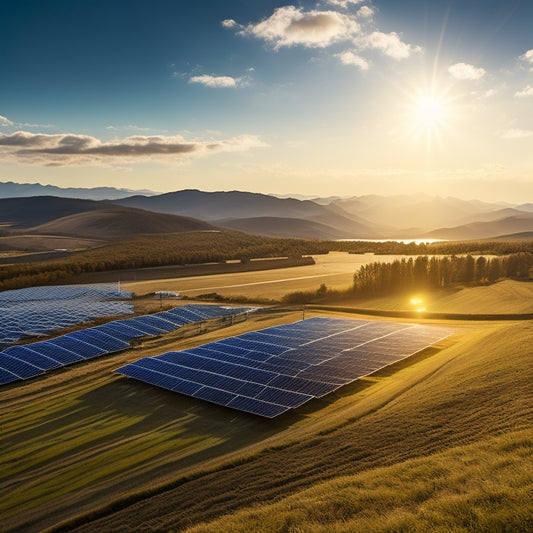 A serene landscape with rolling hills, featuring a sprawling solar farm with rows of sleek, black photovoltaic panels angled towards a bright, sunny sky with a few wispy clouds.