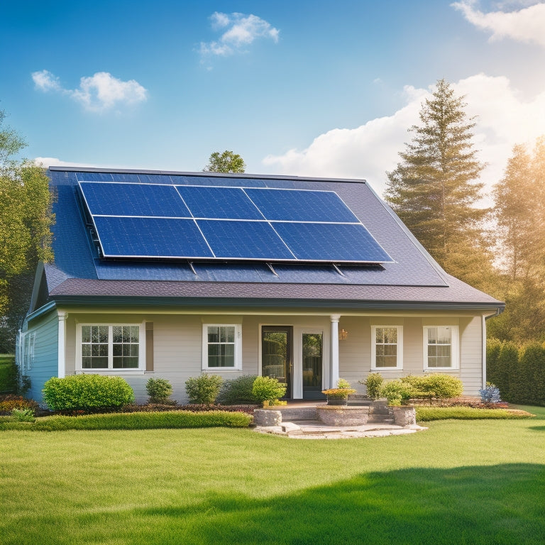 A serene suburban home with a mix of traditional and modern solar panels installed on the roof, surrounded by lush greenery, with a bright blue sky and a few fluffy white clouds.