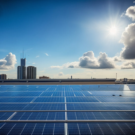 A bright blue sky with fluffy white clouds, a commercial building rooftop with a large array of sleek black solar panels, and a subtle grid of city skyscrapers in the background.