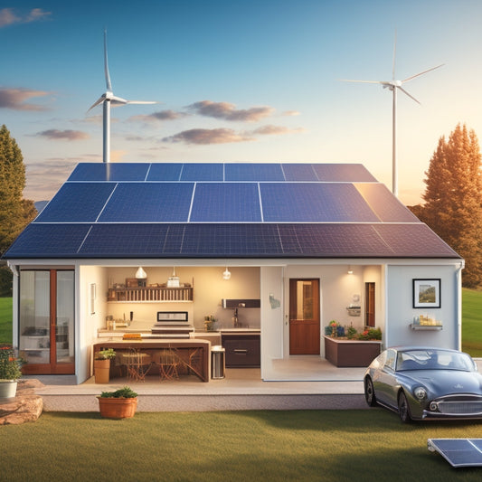 An illustration of a house with various appliances and devices (e.g., refrigerator, laptop, lights) with corresponding wattage labels, surrounded by a subtle grid of solar panels in the background.