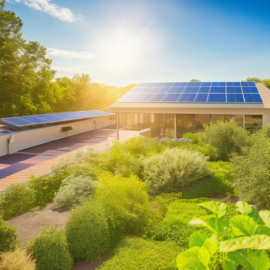 A sunny rooftop adorned with sleek solar panels, surrounded by lush greenery, with a vibrant blue sky overhead. A family joyfully gardening nearby, symbolizing sustainability and clean energy.