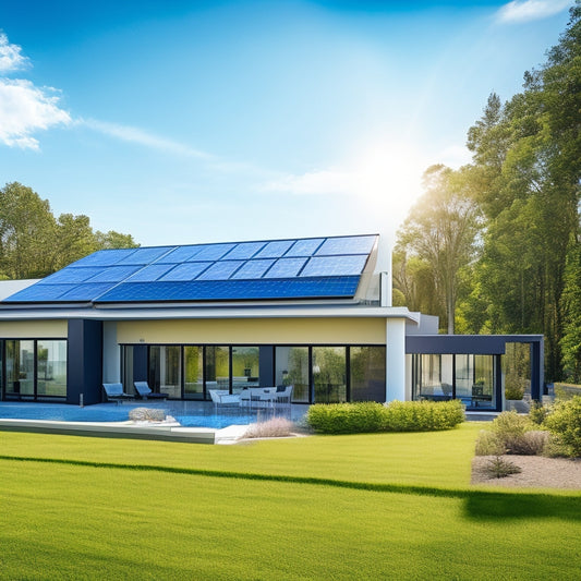 A modern large home with an expansive rooftop covered in sleek solar panels, surrounded by lush greenery, under a bright blue sky. Sunlight gleams off the panels, showcasing energy efficiency and sustainability.