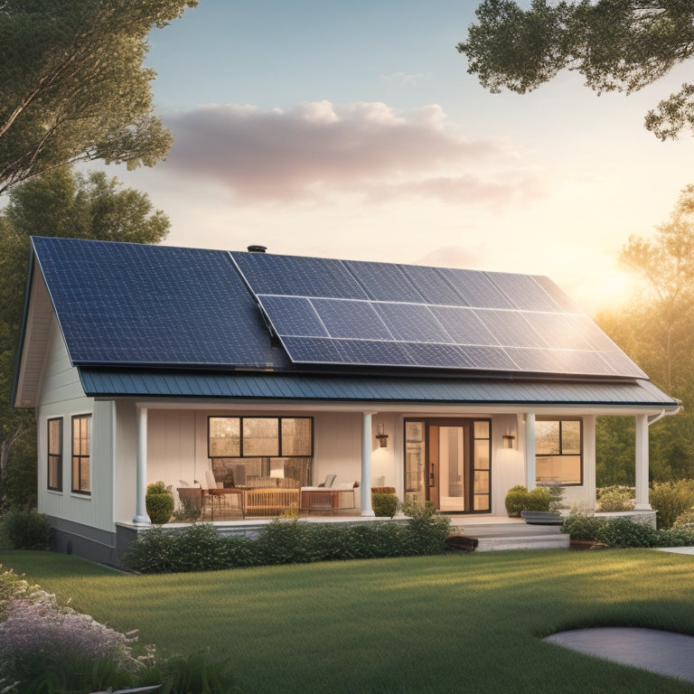 A serene suburban home with a pitched roof, surrounded by lush greenery, featuring a sleek solar panel array installed at a 30-degree angle, with a faint sunny glow in the background.