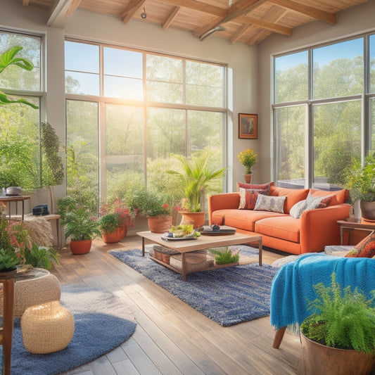 A cozy, sunlit living room featuring large windows, indoor plants, and solar panels on the roof, with energy-efficient appliances and a smart thermostat visible, surrounded by a serene garden filled with native plants.