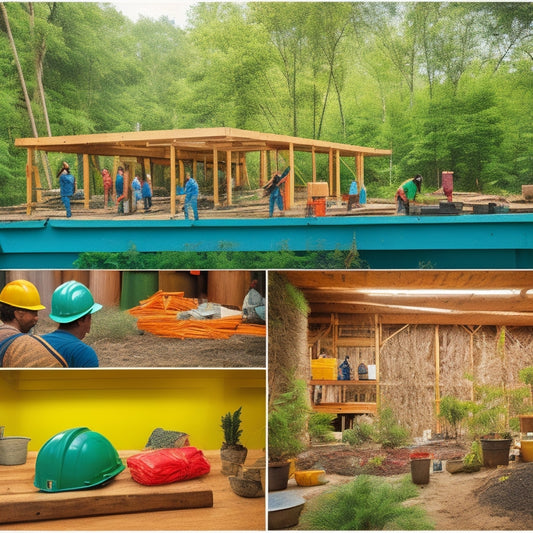 A vibrant construction site showcasing innovative zero-waste materials: bamboo beams, reclaimed wood, recycled metal sheets, and colorful earth-friendly insulation, surrounded by lush greenery and workers collaborating with sustainable tools.