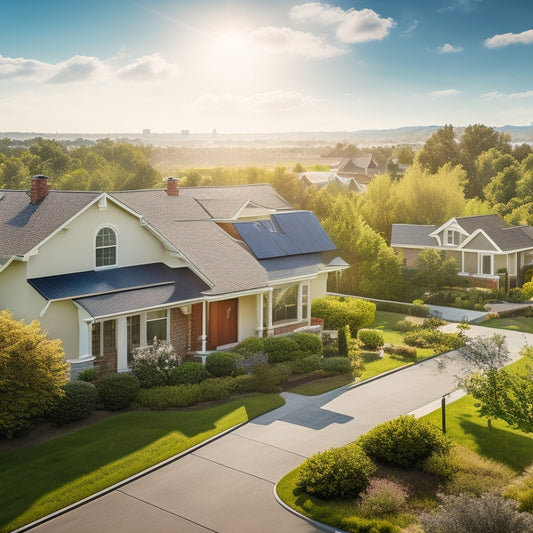 A serene suburban neighborhood with multiple homes, each featuring sleek solar panels on rooftops, surrounded by lush greenery and a bright blue sky with a few puffy white clouds.