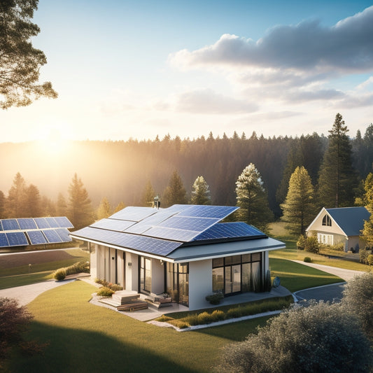 A serene landscape with a mix of modern houses and tall trees, featuring a variety of solar panels in different sizes and angles on rooftops, with a bright blue sky and fluffy white clouds.