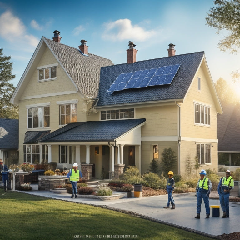 A serene suburban home with a slight angle, showcasing a rooftops transformation: dark tiles replaced by sleek, silver solar panels, with a few workers in the background, wearing yellow vests and helmets.