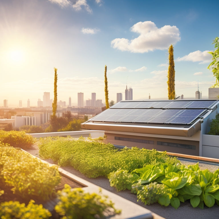 A serene rooftop landscape bathed in sunlight, featuring sleek solar panels, a calculator, and green dollar bills, surrounded by vibrant plants and a blue sky, symbolizing sustainable finance and eco-friendly energy solutions.