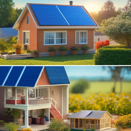 A split-screen image featuring a residential home with solar panels installed on the roof on one side, and a calculator, blueprints, and a miniature house model on a desk on the other side.